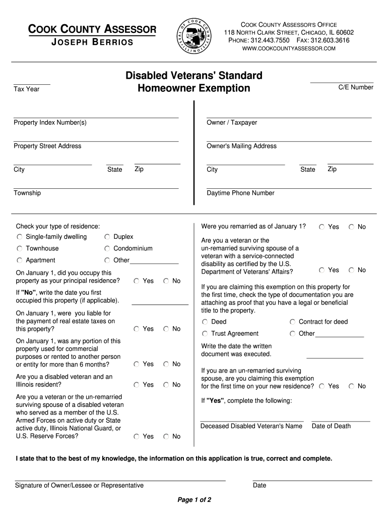 IL Disabled Veterans Standard Homeowner Exemption Cook County Fill 