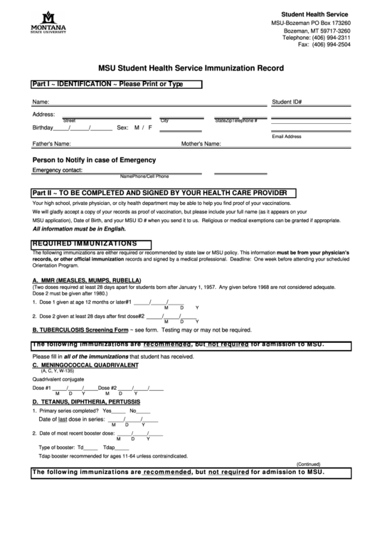 Immunization Record Form Montana State University Printable Pdf Download