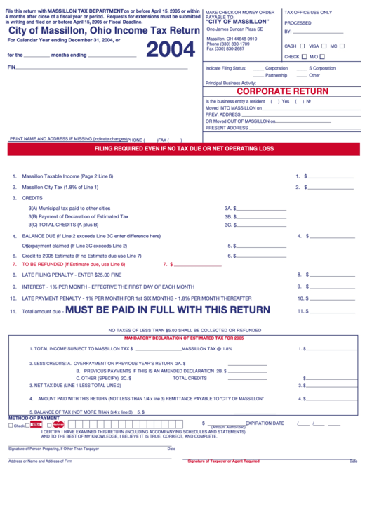 Income Tax Return Form Massillon Tax Department 2004 Printable Pdf 