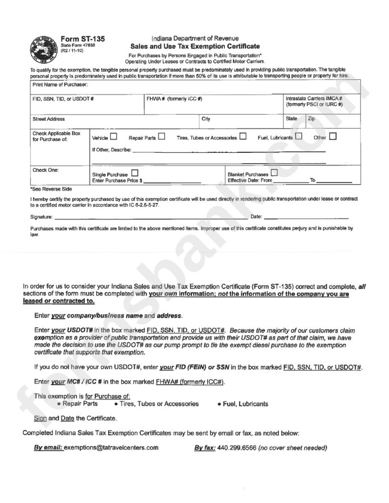 Indiana Department Of Revenue Sales And Use Tax Exemption Certificate 
