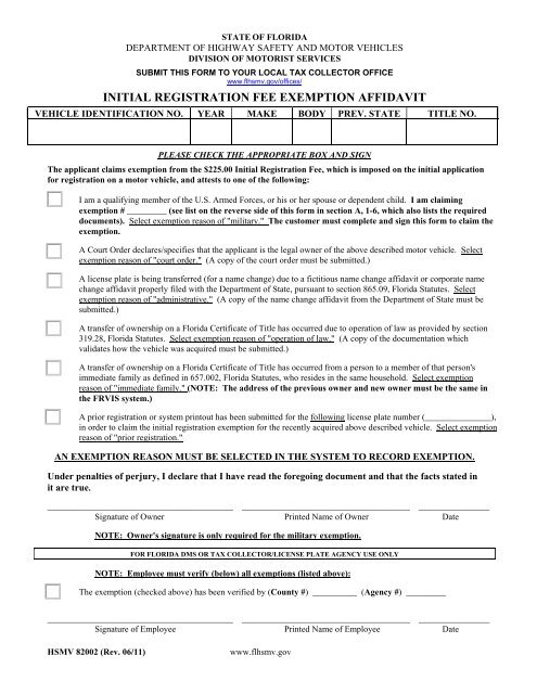 Initial Registration Fee Exemption Affidavit Osceola County Tax 