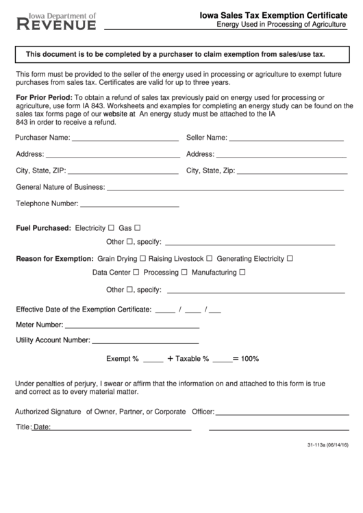 Iowa Sales Tax Exemption Certificate Form Iowa Department Of Revenue 