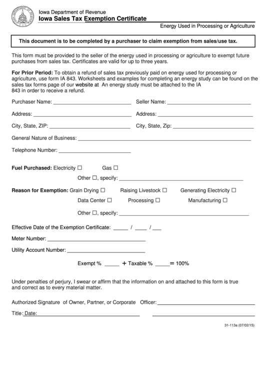 Iowa Sales Tax Exemption Certificate Form Printable Pdf Download