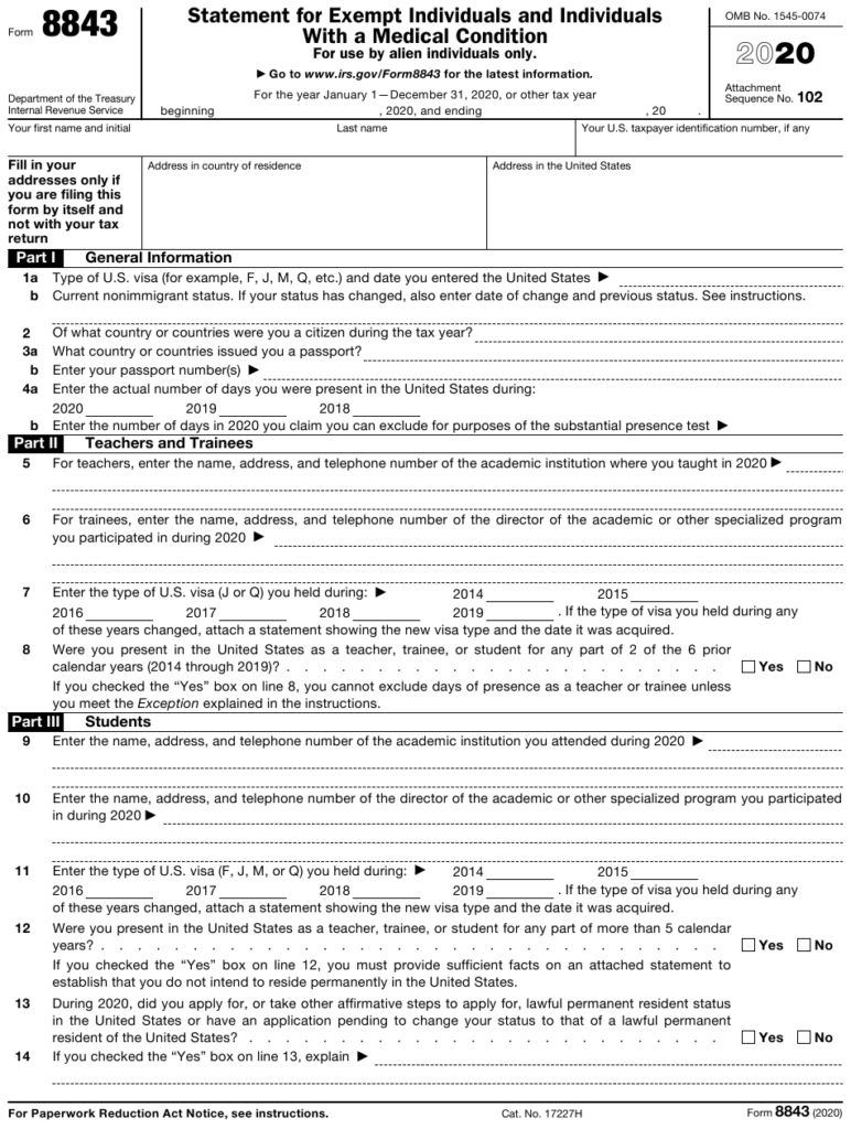 IRS Form 8843 Download Fillable PDF Or Fill Online Statement For Exempt 