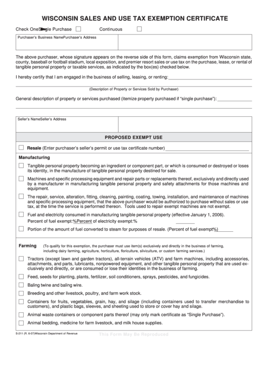 June 2007 S 211 Wisconsin Sales And Use Tax Exemption Certificate 