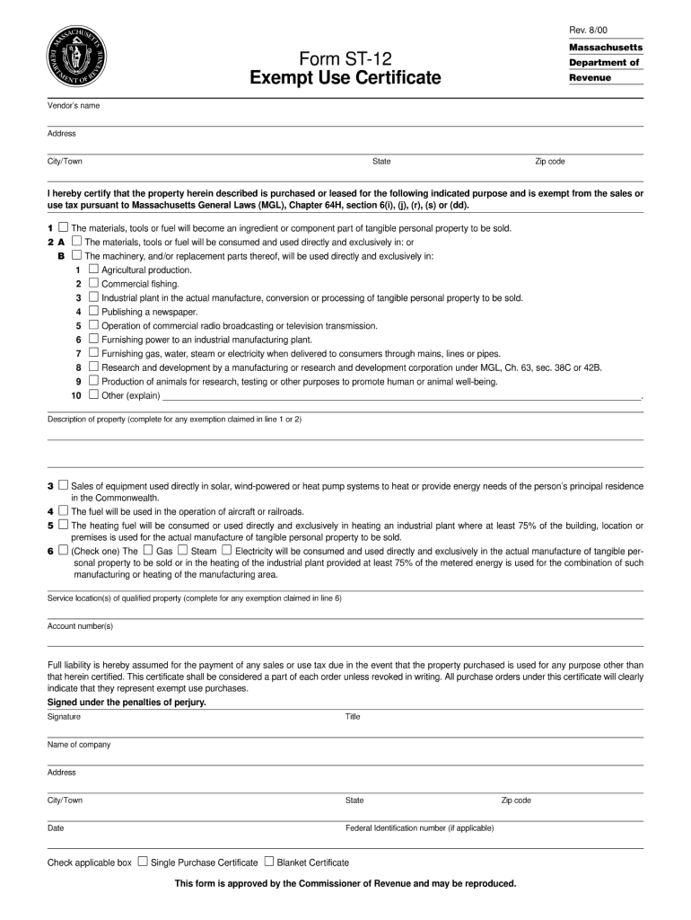 MA DoR ST 12 2000 Fill Out Tax Template Online US Legal Forms