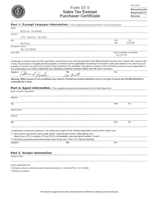 Ma Sales Tax Exempt Purchaser Certificate Form St 5 Milton Academy 