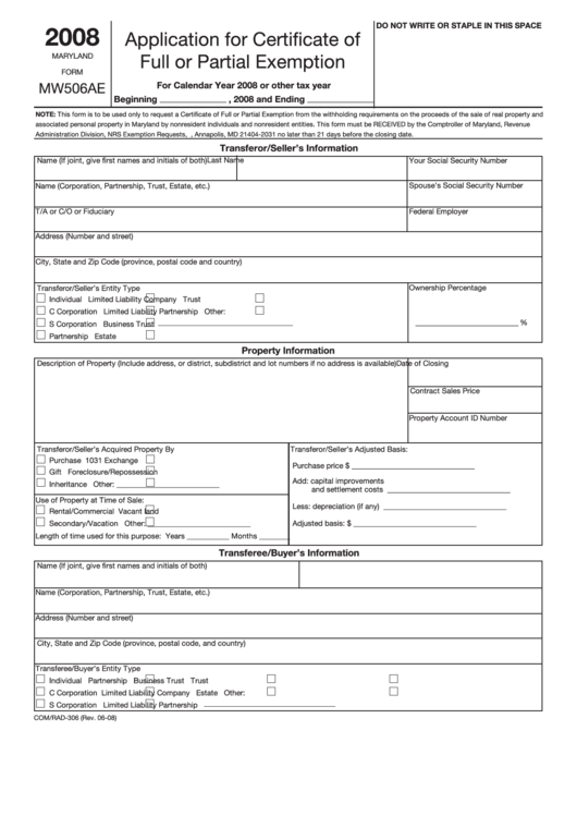 Maryland Form Mw506ae Application For Certificate Of Full Or Partial 
