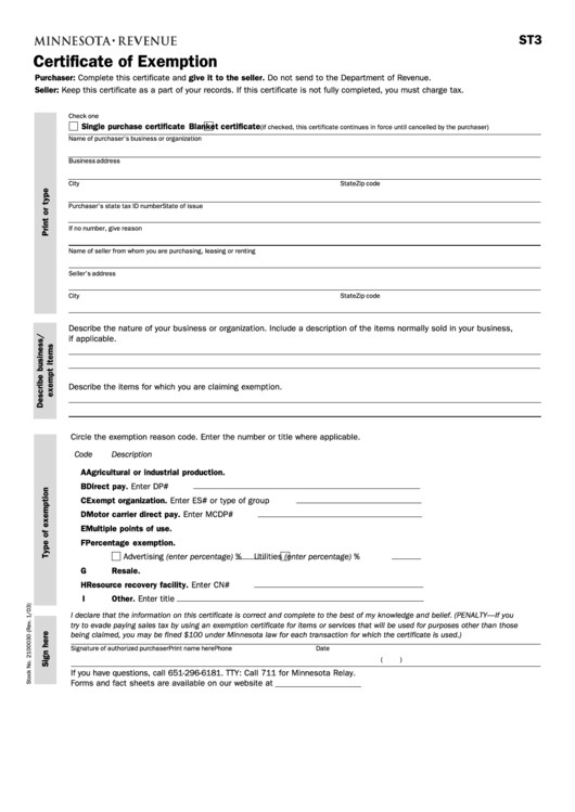 Minnesota Certification Exemption Printable Pdf Download