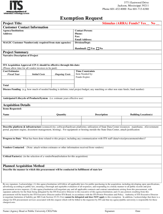 Mississippi Exemption Request Form Download Printable PDF Templateroller