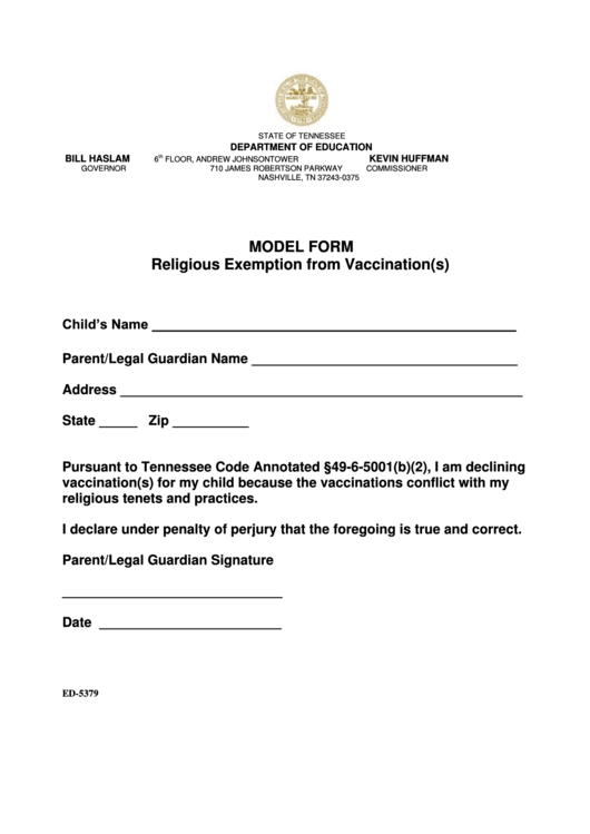 Model Form Religious Exemption From Vaccination S Printable Pdf Download