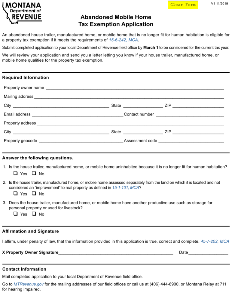 Montana Abandoned Mobile Home Tax Exemption Application Download 