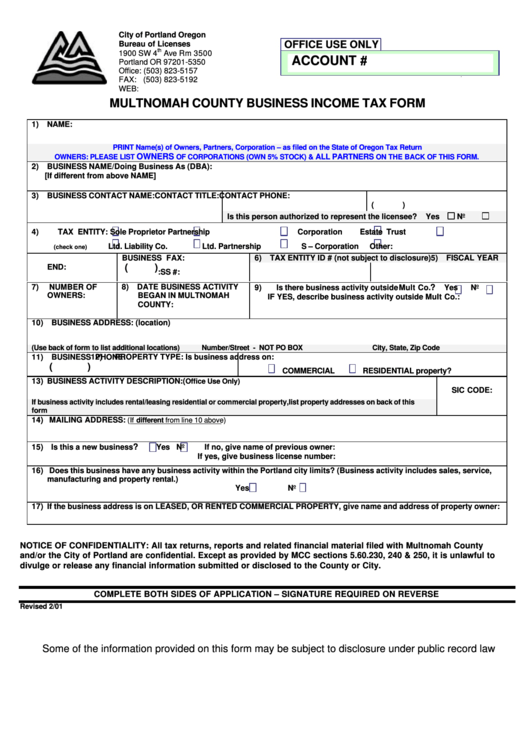 Multnomah County Business Income Tax Form Printable Pdf Download