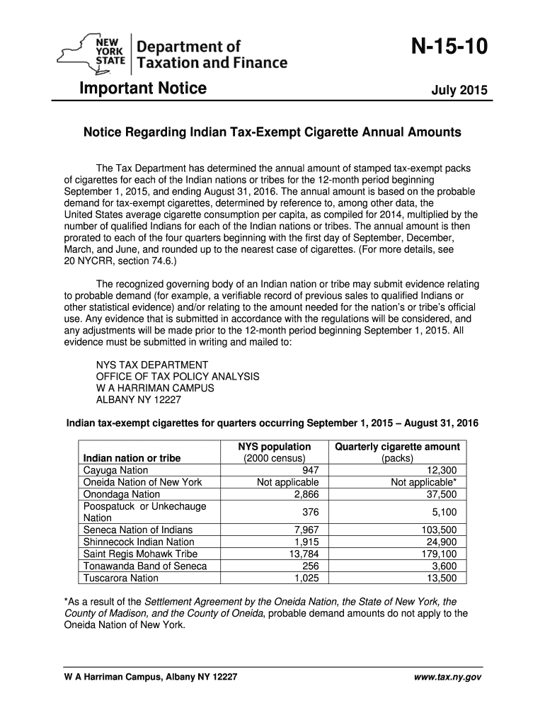 N 15 10715Notice Regarding Indian Tax Exempt Fill Out And Sign 