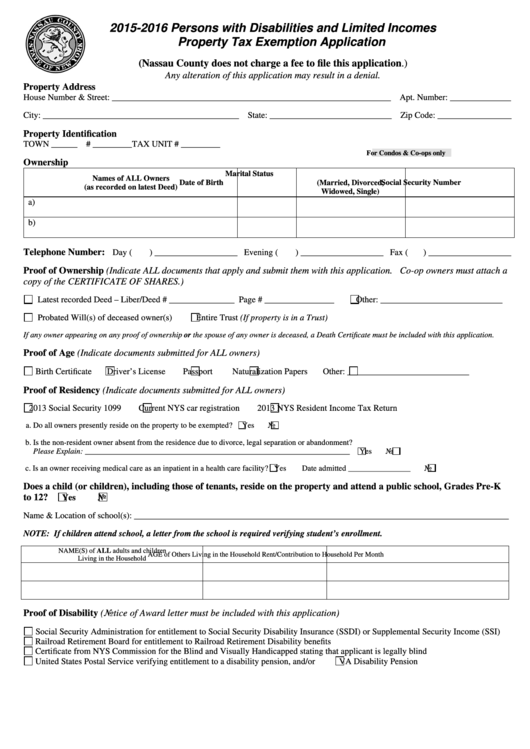 Nassau County Property Tax Exemption Application Printable Pdf Download