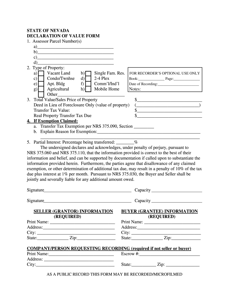 Nevada Declaration Of Value Form Fill Out And Sign Printable PDF 