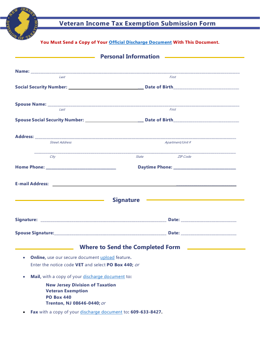 New Jersey Veteran Income Tax Exemption Submission Form Download 