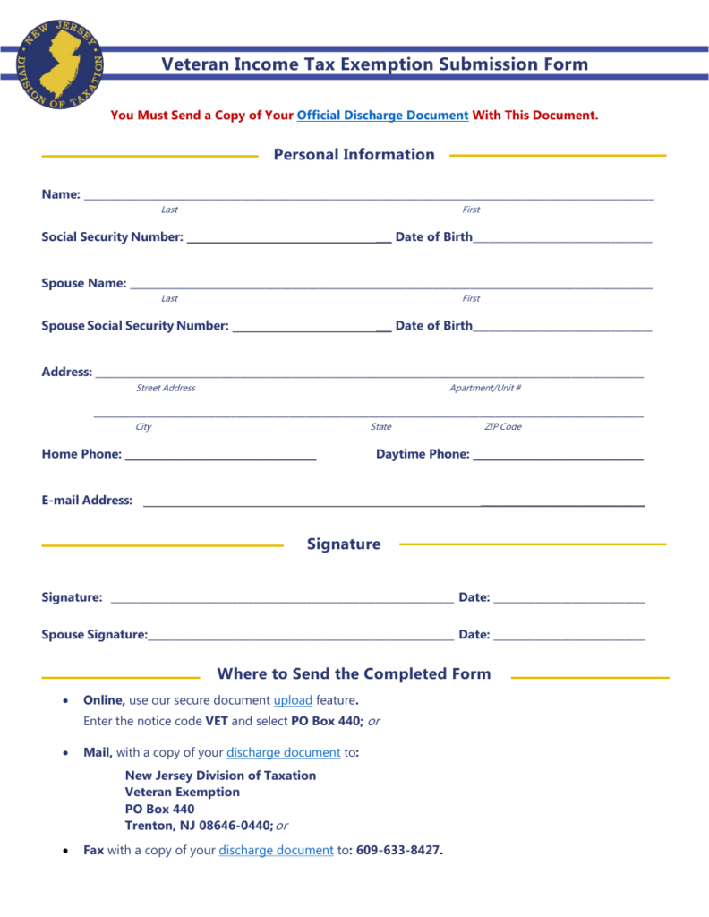 New Jersey Veteran Income Tax Exemption Submission Form Download 