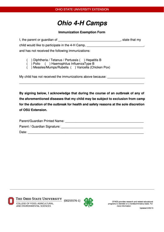 Ohio 4h Camps Immunization Exemption Form Printable Pdf Download