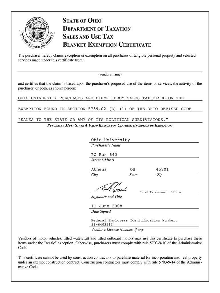 Ohio Tax Exempt Form Fill Online Printable Fillable Blank PdfFiller