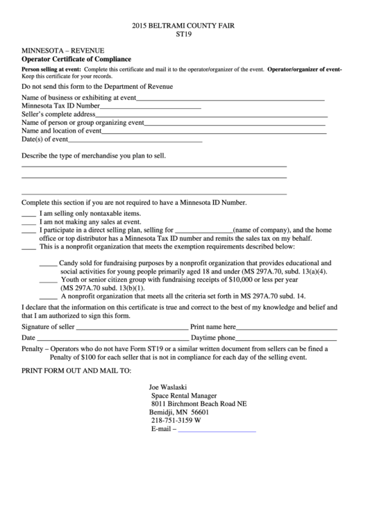 Operator Certificate Of Compliance Form Printable Pdf Download