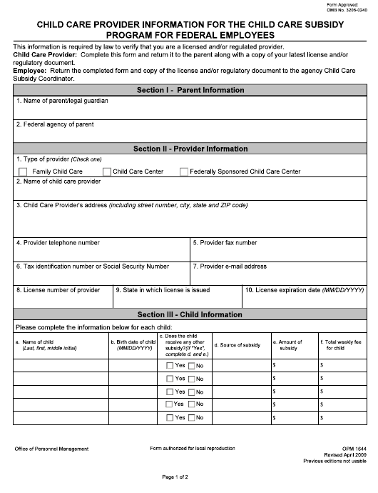 OPM Form 1644 Download Printable PDF Or Fill Online Child Care Provider 