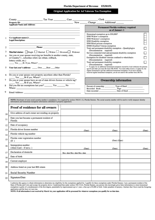 Original Application For Ad Valorem Tax Exemption Form Florida 