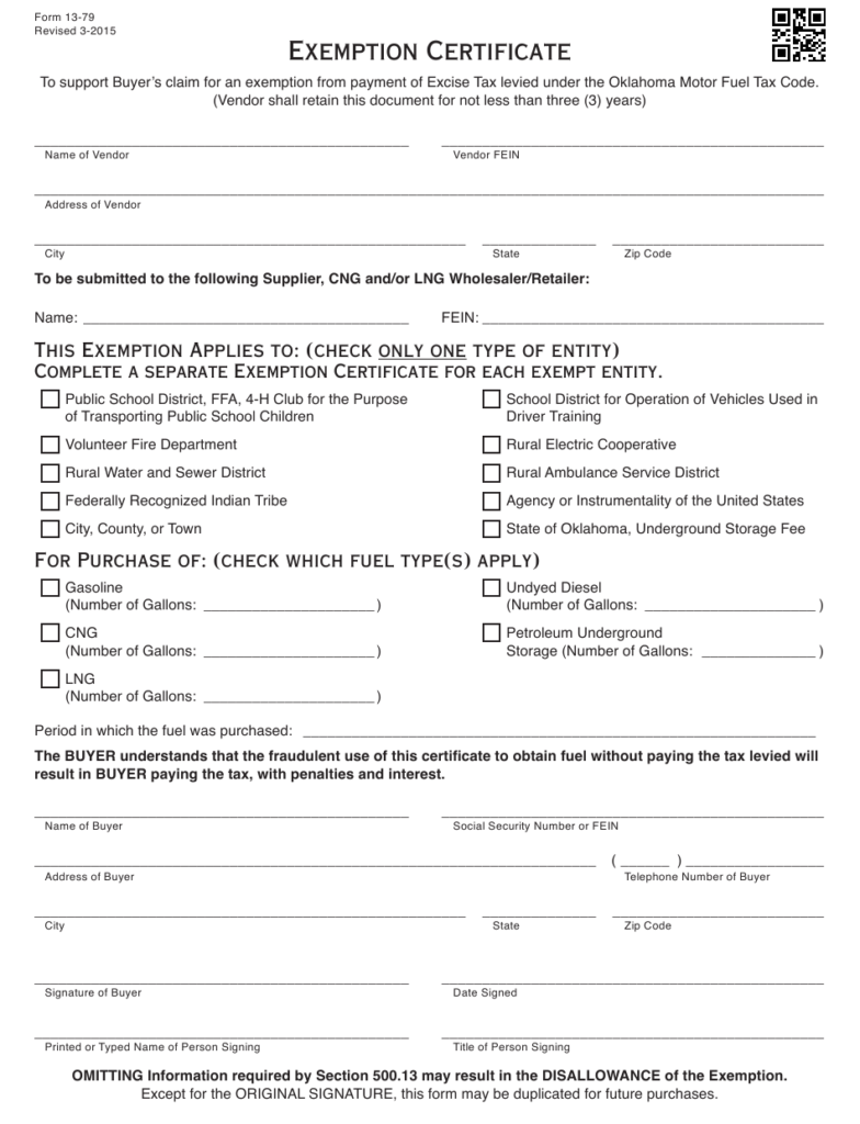 OTC Form 13 79 Download Fillable PDF Or Fill Online Exemption 