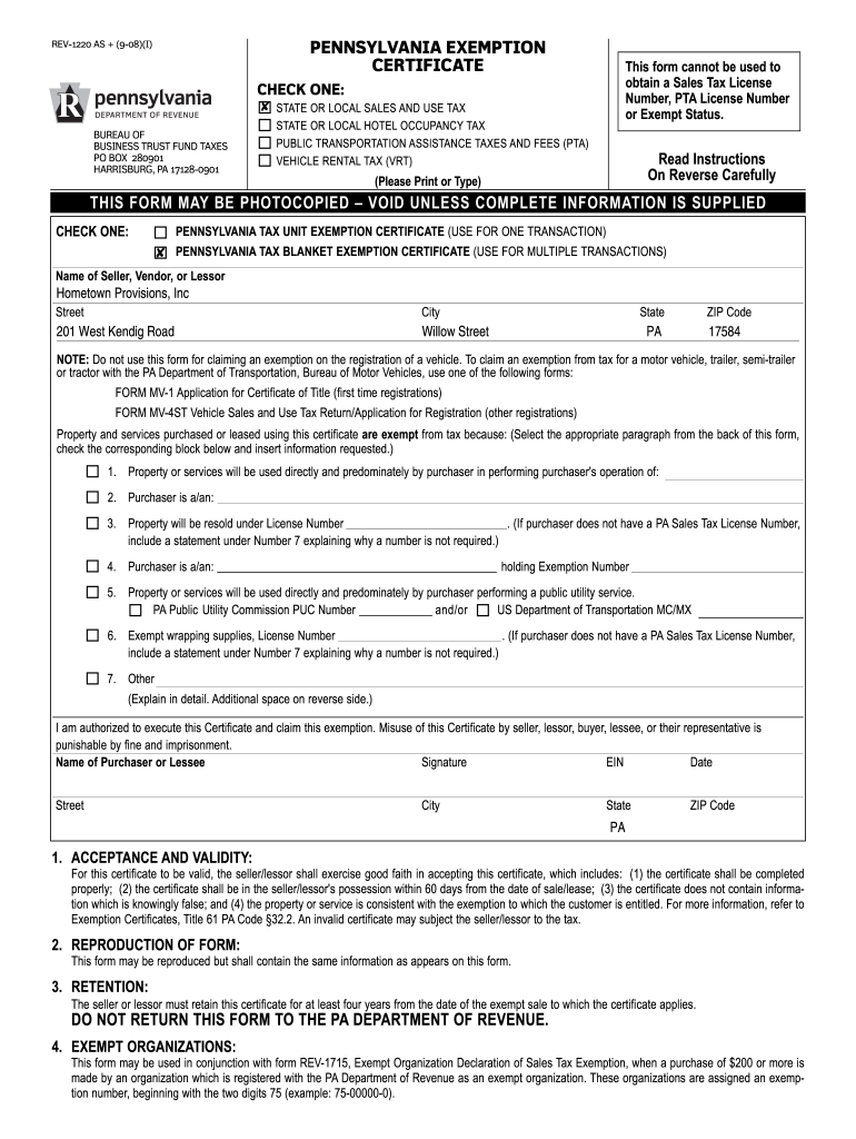 Pa Tax Exempt Form 2020 2021 Fill And Sign Printable Template Online 