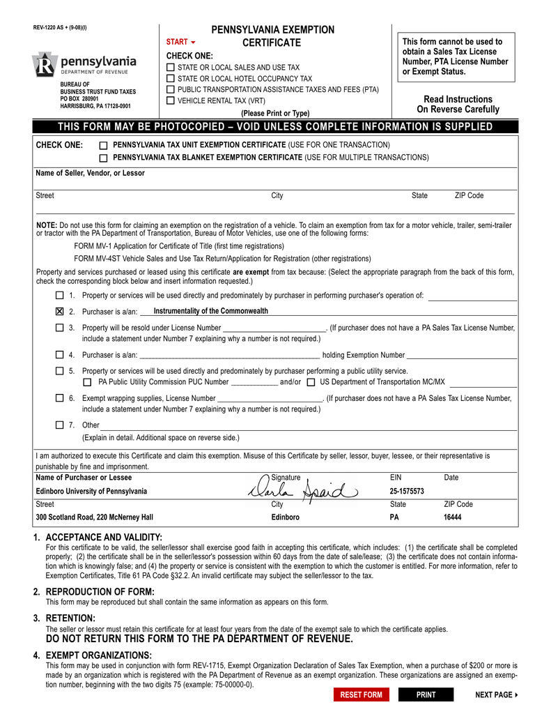 PENNSYLVANIA EXEMPTION CERTIFICATE This Form Cannot Be Used To