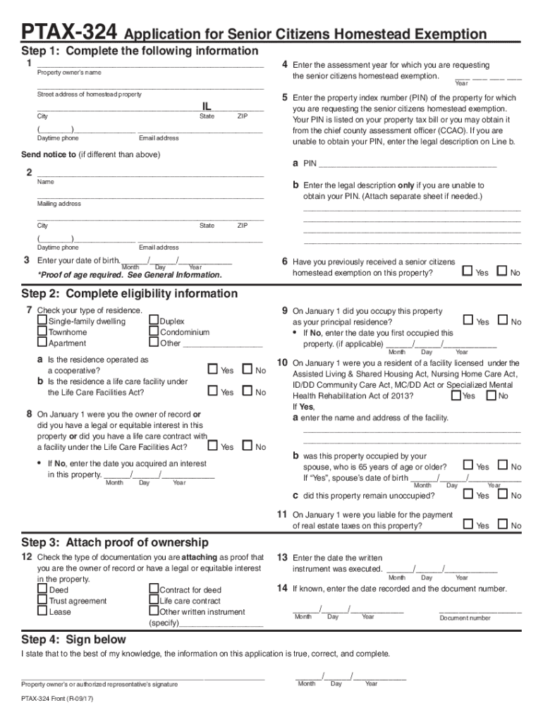 PTAX 324 Application For Senior Citizens Homestead Exemption Senior 