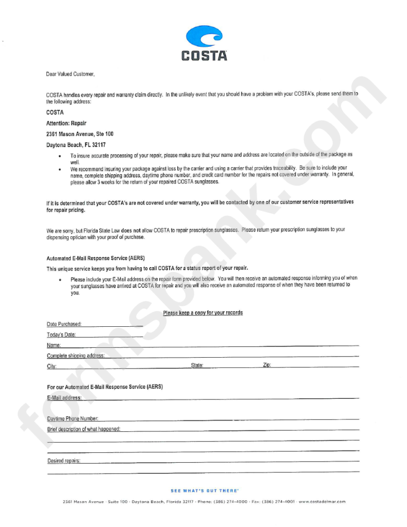 Repair Submission Form Costa Printable Pdf Download