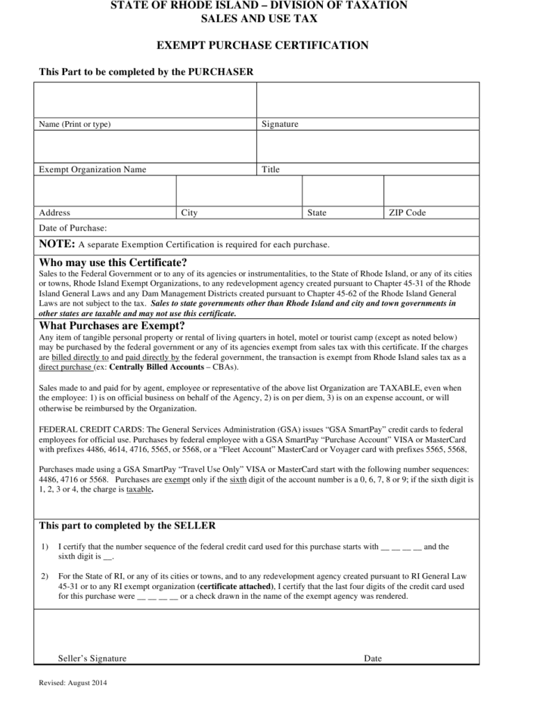 Rhode Island Exempt Purchase Certification Form Download Printable PDF 