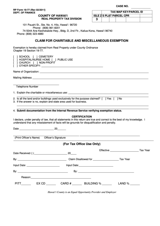 Rp Form 19 77 Charitable Miscellaneous Exemption 2011 Printable 