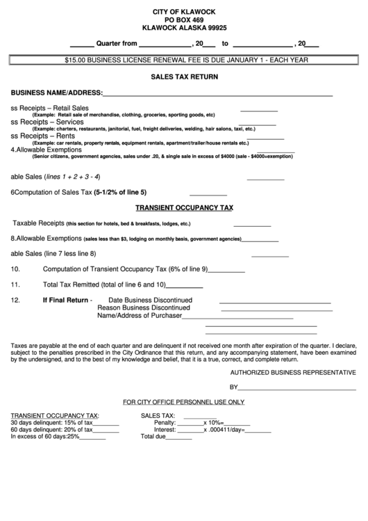 Sales Tax Return Form Klawock Alaska Printable Pdf Download
