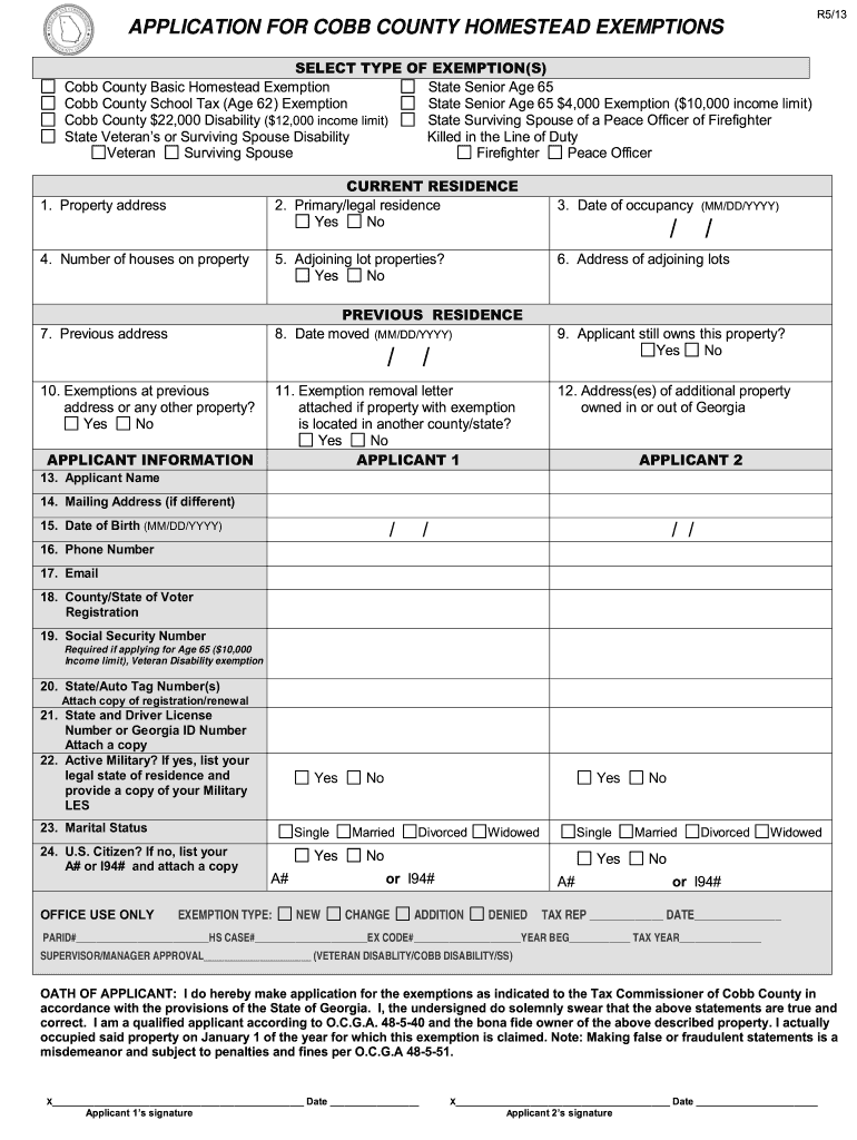 Sample Cobb County Georgia Home Expemtion Form Fill Online Printable 