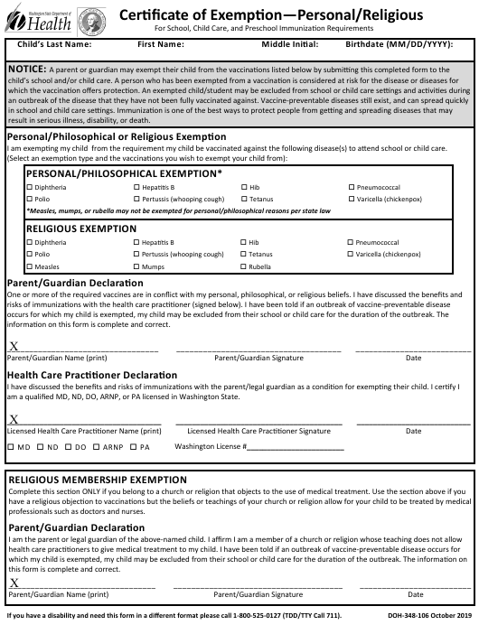 Sample Religious Exemption Letters Form Doh 348 106 Download 