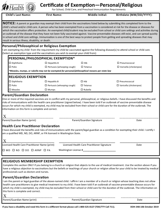 Sample Religious Exemption Letters Form Doh 348 106 Download