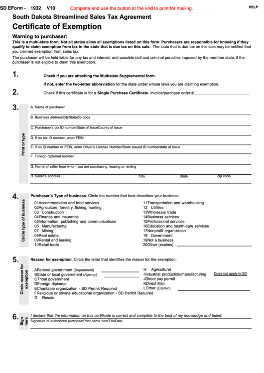 Sd Eform 1932 V10 South Dakota Streamlined Sales Tax Agreement 