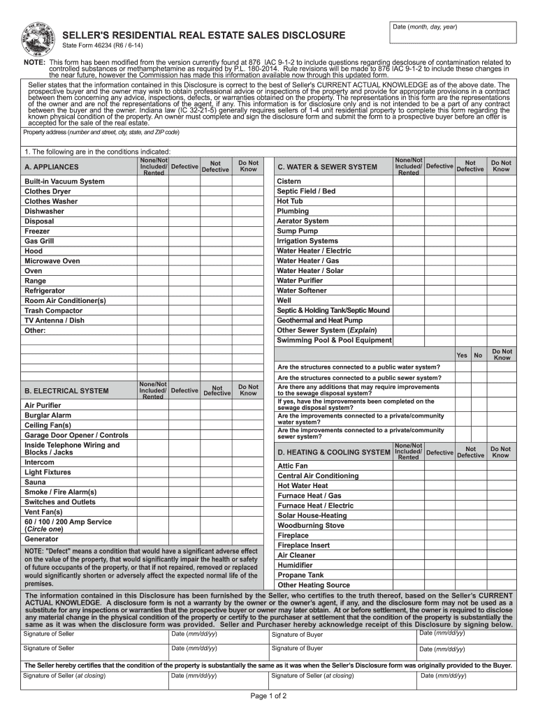 Sellers Residential Sales Disclosure Indiana Fill Out And Sign 