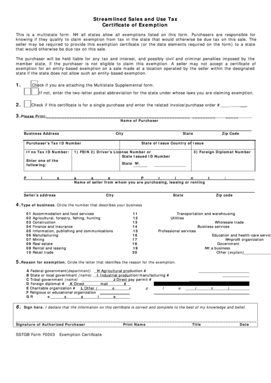Sstgb Form F0003 Streamlined Sales And Use Tax Certificate Of 