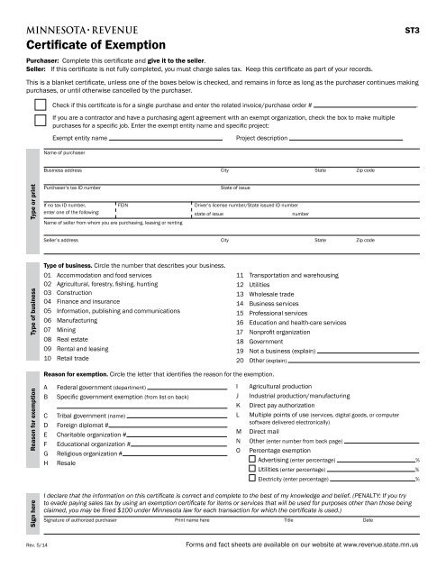 ST3 Certificate Of Exemption Minnesota Department Of Revenue
