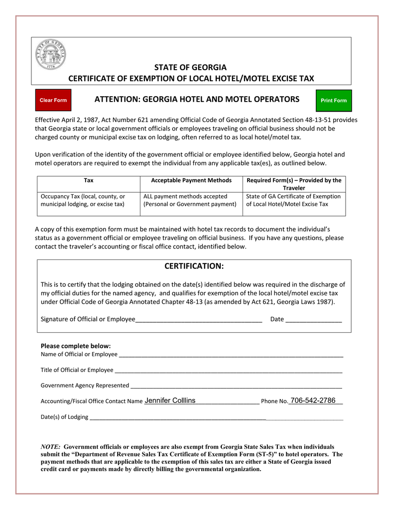 STATE OF GEORGIA CERTIFICATE OF EXEMPTION OF LOCAL HOTEL MOTEL EXCISE 