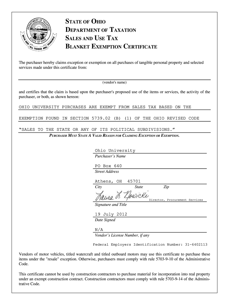 State Of Ohio Tax Exempt Form Fill Online Printable Fillable Blank