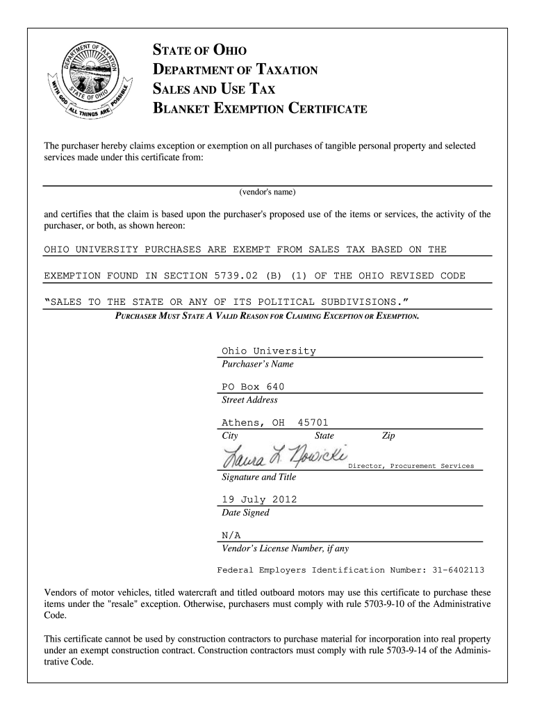State Of Ohio Tax Exempt Form Fill Online Printable Fillable Blank 