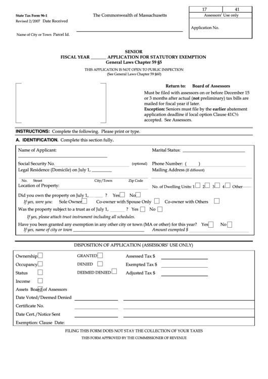 State Tax Form 96 1 Senior Application For Statutory Exemption 2007 