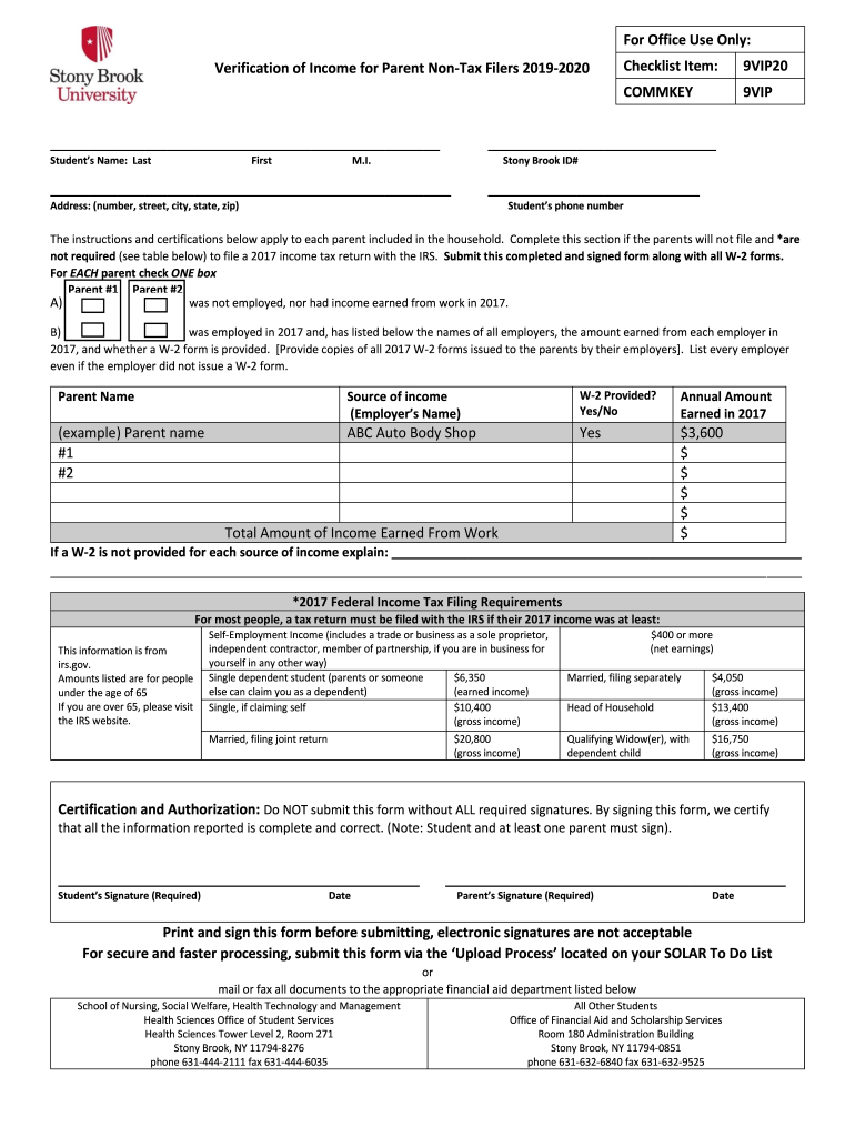 Stony Brook University Verification Of Income For Parent Non Tax Filers 