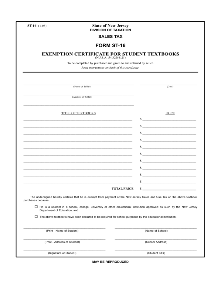 Student Tax Exemption Form New Jersey Free Download