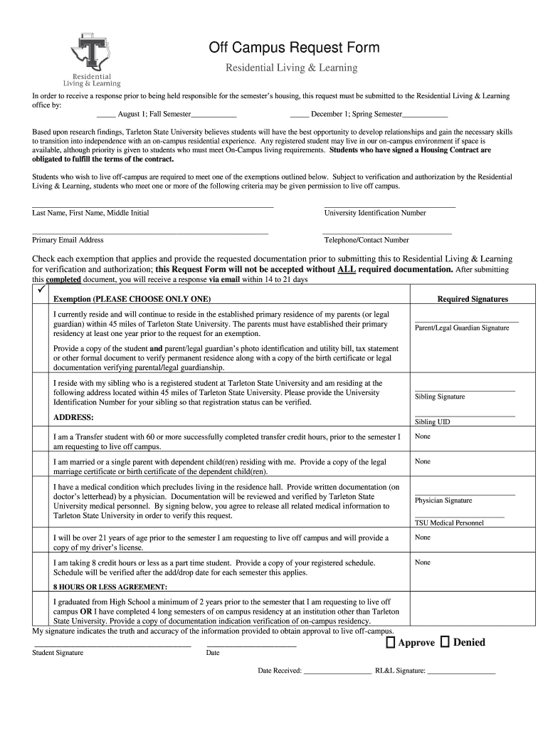 Tarleton Off Campus Housing Request Fill Out And Sign Printable PDF 