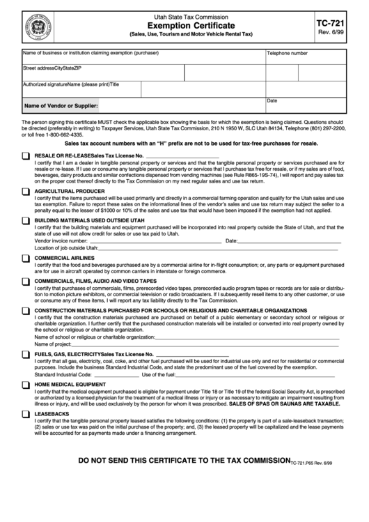 Tc 721 Form Utah State Tax Commission Exemption Certificate Printable 